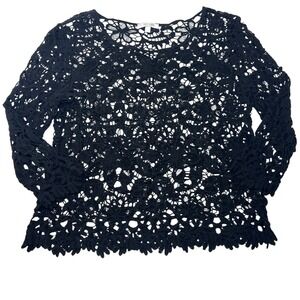 dELiA*s Black Crochet Lace Top Womens Large Sheer Floral Boho Festival Y2K